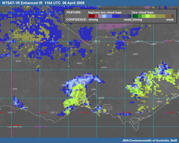 Satellite image: MTSAT-1R Enhanced IR for 1104UTC on 06 April 2008 over Victoria, Australia