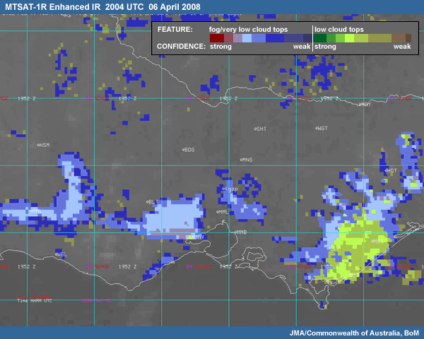 Satellite image: MTSAT-1R Enhanced IR for 2004UTC on 06 April 2008 over Victoria, Australia