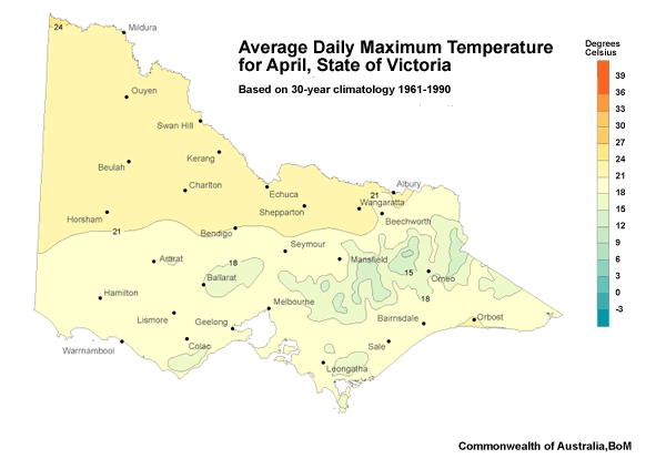 Average daily maximum temperature for April, for the State of Victoria based on 30-year climatology from 1961 to 1990.