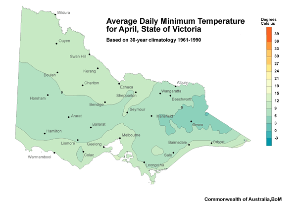 Average daily minimum temperature for April, for the State of Victoria based on 30-year climatology from 1961 to 1990.