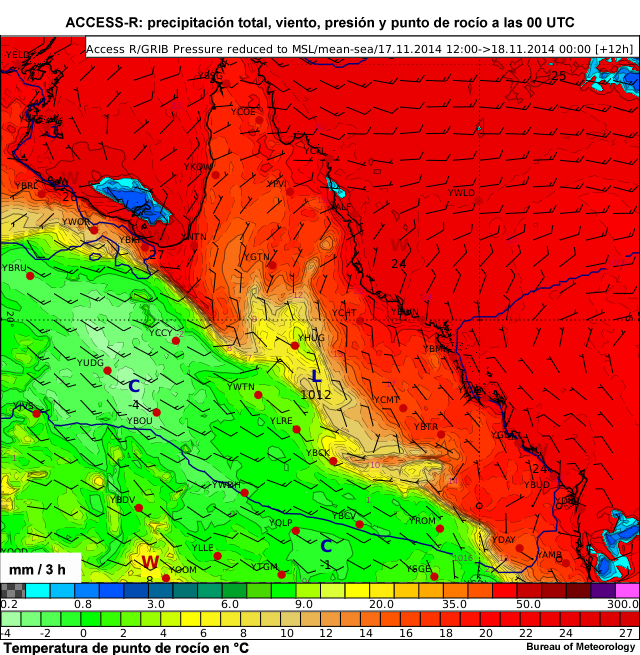 Modelo ACCESS-R: precipitación a las 00 UTC