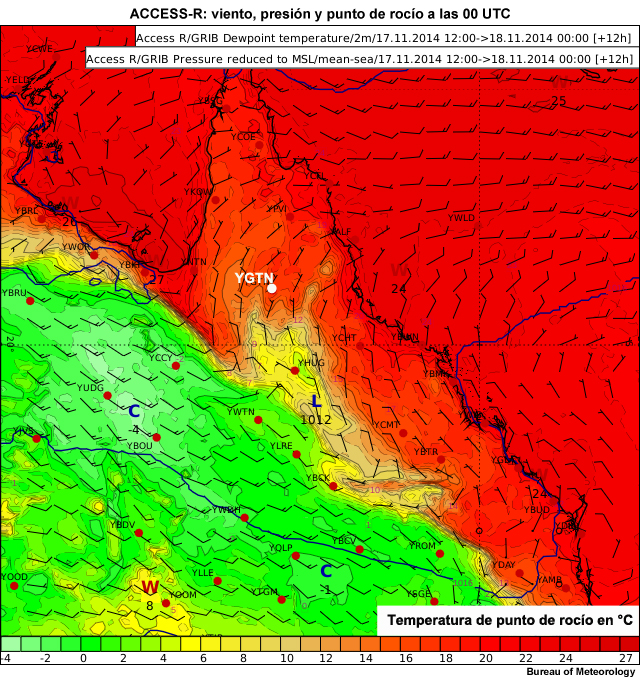 Modelo ACCESS-R: viento, presión al nivel medio del mar y punto de rocío a las 00 UTC