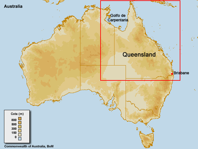 Mapa de Australia con indicación de la posición de Queensland.