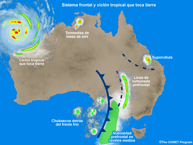 Sistema frontal y ciclón tropical que se aproxima a la costa de Australia