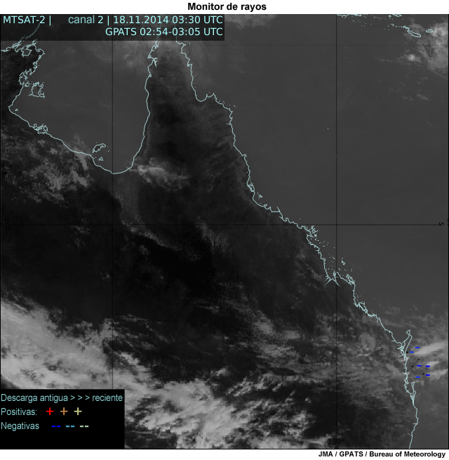 Imagen satelital con datos de rayos para las 03 UTC