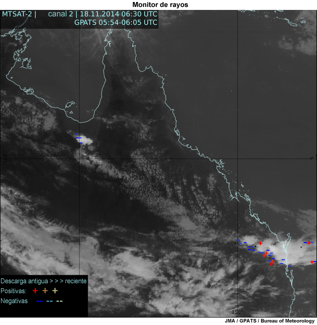 Imagen satelital con datos de rayos para las 06 UTC