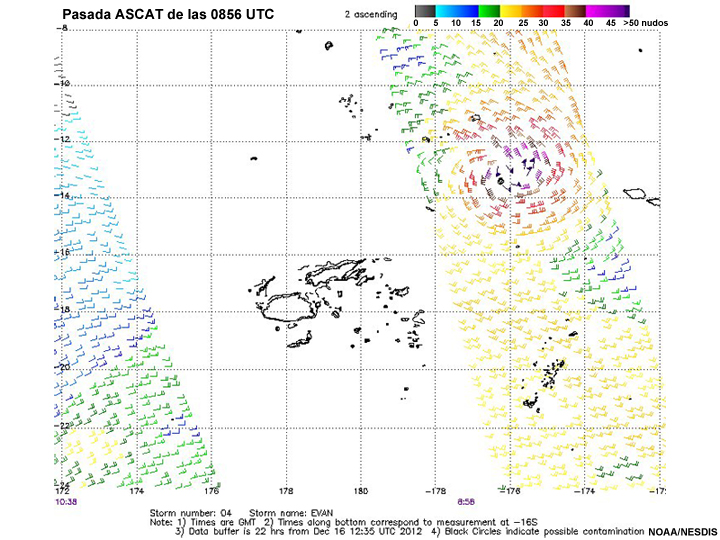 Pasada ASCAT de las 0856 UTC, ciclón tropical Evan (Pacífico Sur)