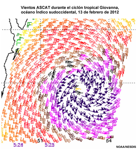 Vientos ASCAT del ciclón tropical Giovanna, océano Índico sudoccidental, 13 de febrero de 2012.