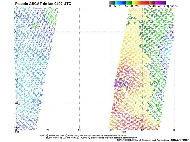 Pasada ASCAT de las 0402 UTC, ciclón tropical Jamala (océano Índico sudoccidental)