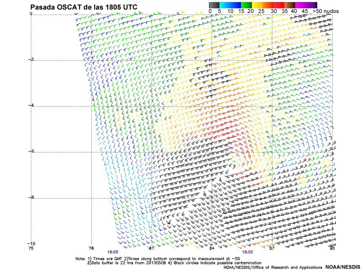 Pasada OSCAT de las 1805 UTC, ciclón tropical Jamala (océano Índico sudoccidental)