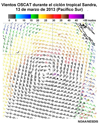Vientos OSCAT durante el ciclón tropical Sandra, 0053 UTC del 13 de marzo de 2013 (Pacífico Sur)