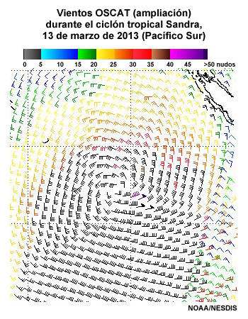 Ampliación de vientos OSCAT durante el ciclón tropical Sandra, 13 de marzo de 2013 (Pacífico Sur)