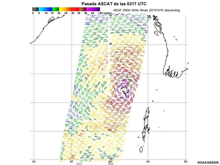 Pasada ASCAT de las 0317 UTC, ciclón tropical Phailin (golfo de Bengala), 03 UTC del 10 de octubre de 2013