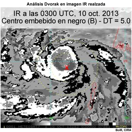 Análisis de Dvorak en imagen IR realzada del ciclón tropical Phailin (golfo de Bengala), 03 UTC del 10 de octubre de 2013