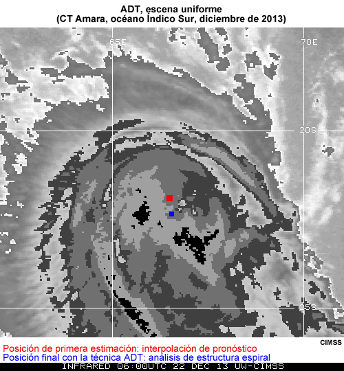 ADT, escena uniforme (ciclón tropical Amara, océano Índico Sur, diciembre de 2013) de CIMSS (Universidad de Wisconsin)