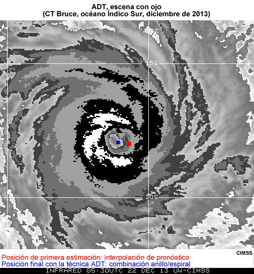 ADT, escena centrada en el ojo (ciclón tropical Bruce, océano Índico Sur, diciembre de 2013) de CIMSS (Universidad de Wisconsin)