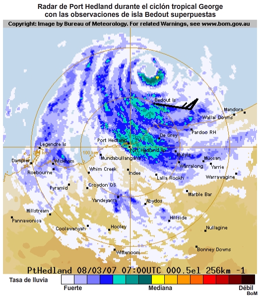 Radar de Port Hedland durante el cicln tropical George con las observaciones de isla Bedout superpuestas.