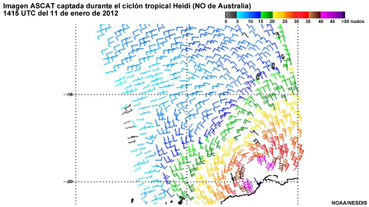 Imagen ASCAT captada durante el ciclón tropical Heidi (1415 UTC del 11 de enero de 2012, noroeste de Australia)