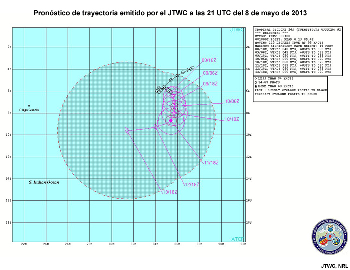 Pronóstico de trayectoria emitido por el JTWC para el ciclón tropical Jamala (océano Índico sudoccidental), 21 UTC del 8 de mayo de 2013