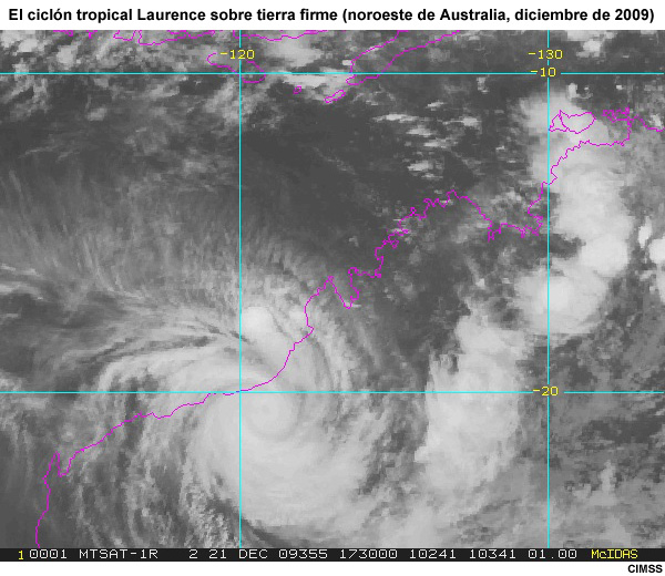 El ciclón tropical Laurence sobre tierra firme (noroeste de Australia, diciembre de 2009)