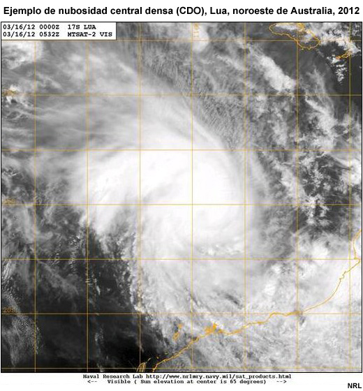 Análisis del patrón de nubosidad central densa (CDO) de Lua, noroeste de Australia, 16 de marzo de 2012).