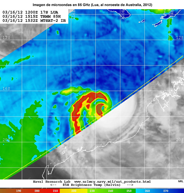 Imagen de microondas de 85 GHz del ciclón tropical Lua, noroeste de Australia, marzo de 2012.