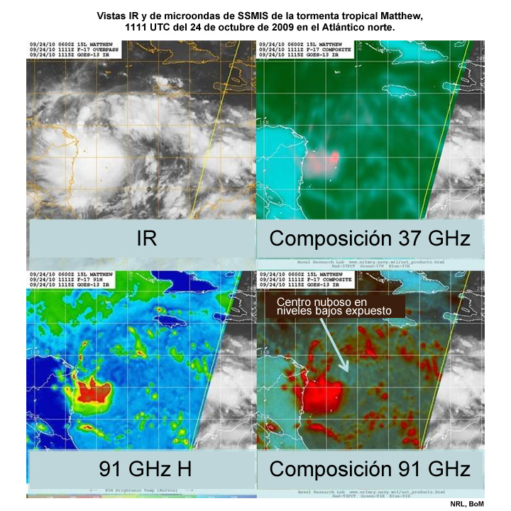 Vistas IR y microondas de SSMIS de la tormenta tropical Matthew, 1111 UTC del 24 de octubre de 2009, Atlántico Norte.