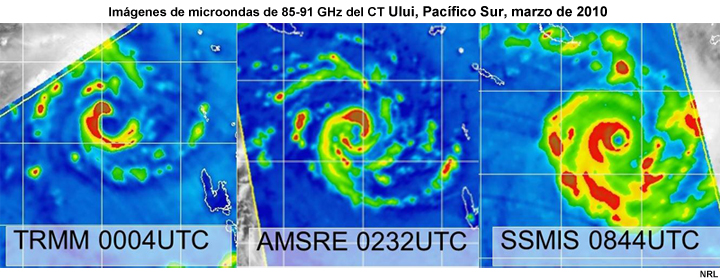 Imágenes de microondas de 85-91 GHz del ciclón tropical Ului, Pacífico Sur, marzo de 2010