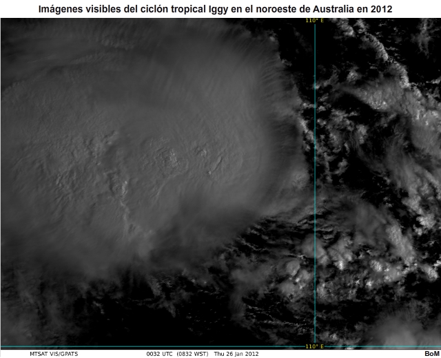 Imgenes visibles que del patrn de cizalladura del cicln tropical Iggy, noroeste de Australia, 26 de enero de 2012)