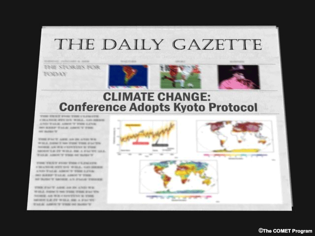 A newspaper with the headline, Conference Adopts Kyoto Protocol A newspaper with the headline, Conference Adopts Kyoto Protocol
