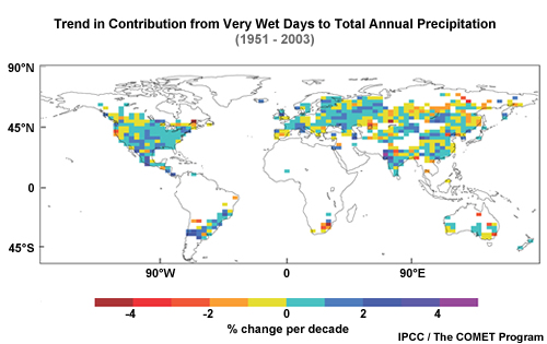 Trend in contribution to total annual precipitation from very wet days Trend in contribution to total annual precipitation from very wet days