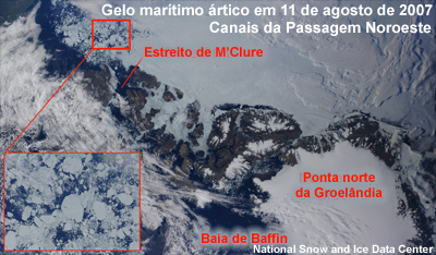 Imagem de satélite dos Canais da Passagem Noroeste em 2007 Imagem de satélite dos Canais da Passagem Noroeste em 2007