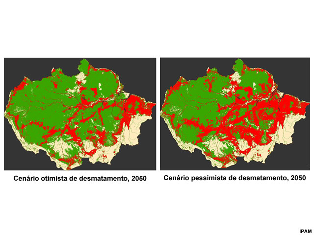 Desmatamento em 2050 em cenários otimistas e pessimistas Desmatamento em 2050 em cenários otimistas e pessimistas