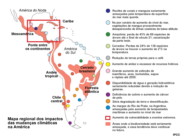 Mapa regional dos impactos das mudanças climáticas na América Mapa regional dos impactos das mudanças climáticas na América