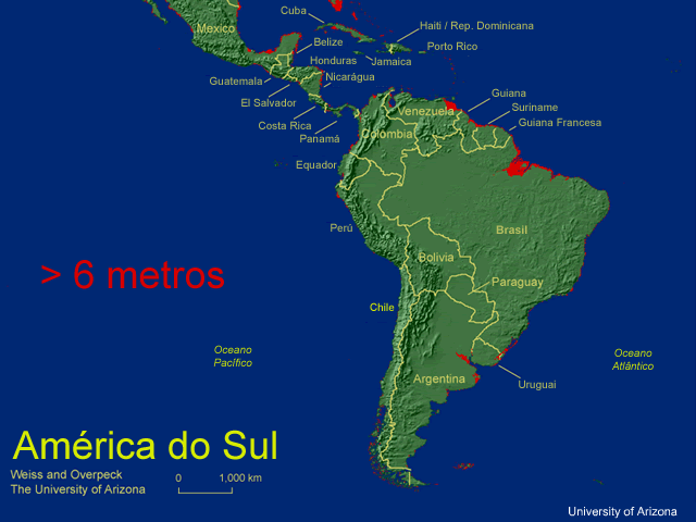Inundação na América do Sul em vários níveis de aumento do nível do mar. Inundação na América do Sul em vários níveis de aumento do nível do mar.