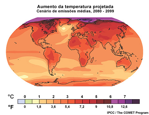 Projeção das emissões médias da temperatura global, 2080-2099 Projeção das emissões médias da temperatura global, 2080-2099
