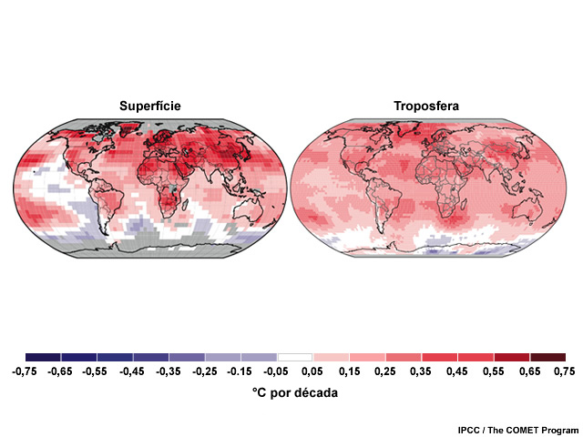 Média anual global de temperaturas observadas (1979-2005). Todo o Brasil tem vivenciado aquecimento tanto na superfície quanto na troposfera. Média anual global de temperaturas observadas (1979-2005). Todo o Brasil tem vivenciado aquecimento tanto na superfície quanto na troposfera.