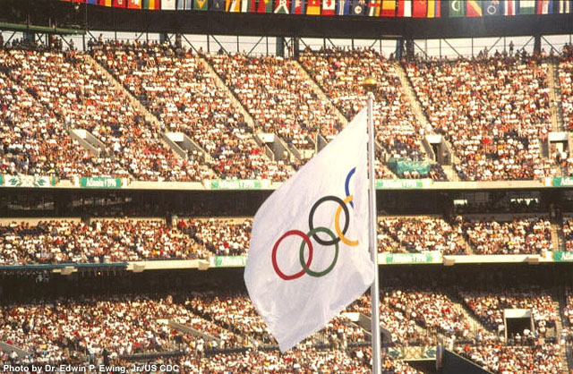 1996 Atlanta Olympics: Olympic flag at track and field venue - Photo by Dr. Edwin P. Ewing, Jr, Center for Disease Control
