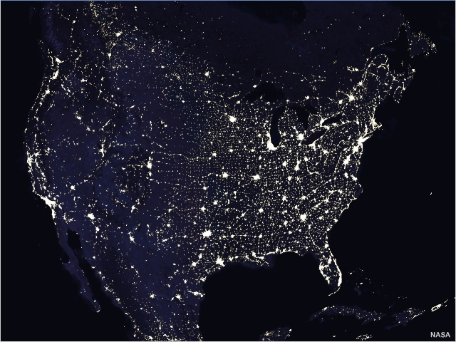 Satallite image of lower 48 states at night