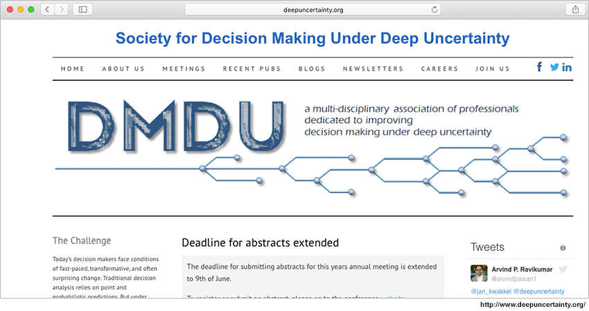 Screenshot of website for the Society for Decision Making Under Deep Uncertainty.