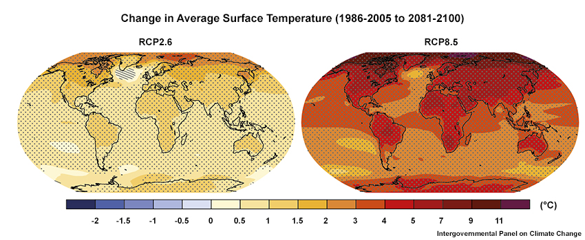 These two plots show projected global temperature changes by the end of the 21st century comparing the lowest and highest emissions scenarios used in the CMIP5 model projections.