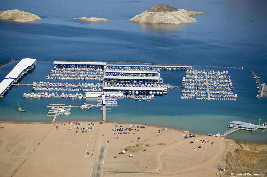 Lake Mead Marina, which has already been relocated once and extended multiple times to accommodate low lake levels. 
