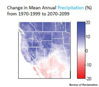 Projected changes in mean annual precipitation, 1970-199 compared to 20170-2099 for the western United States derived from CMIP5. 