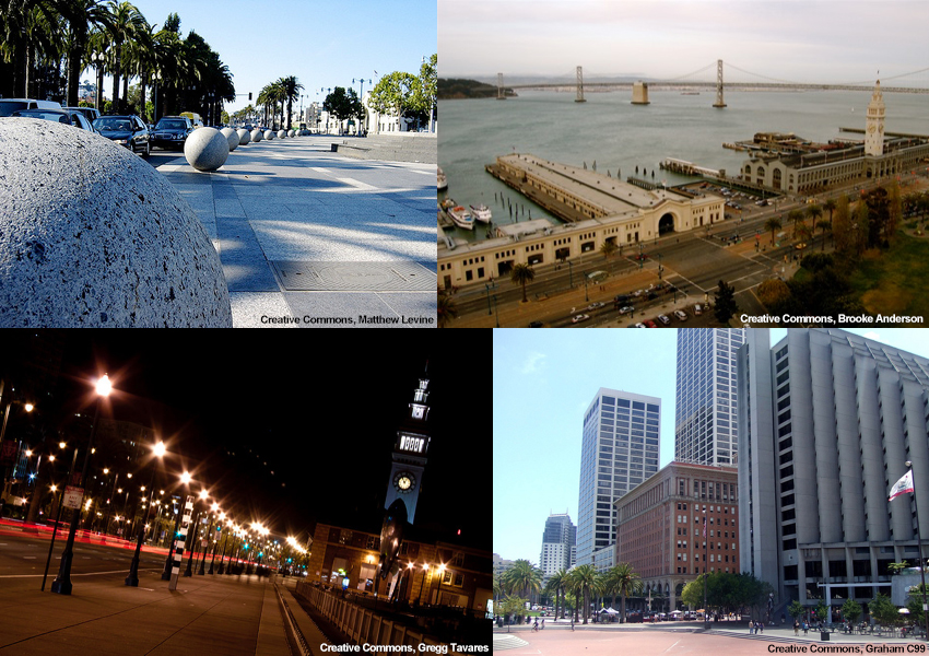Sea Level Change, collage of Embarcadero photos.