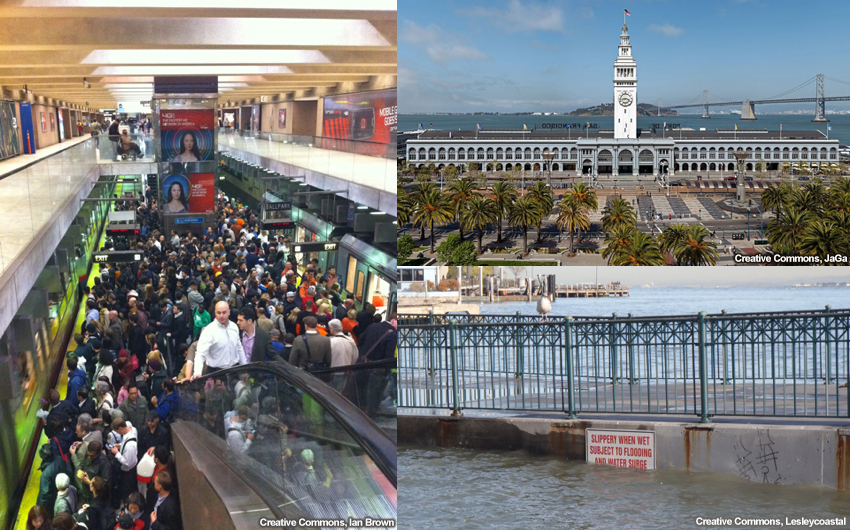 Sea Level Change, collage of Embarcadero infrastructure and flooding