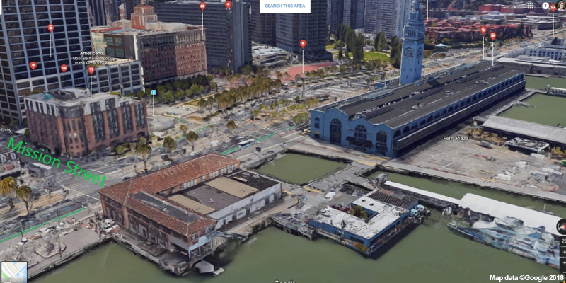 Sea Level Change, google map of The Embarcadero at Mission Street, San Francisco.