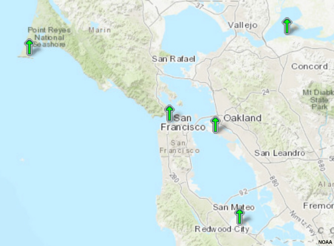 Sea Level Change, map of tide gauges near San Francisco.