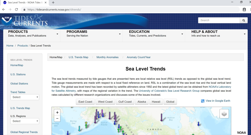 Sea Level Change, screenshot of NOAA’s Sea Level Trends webpage.