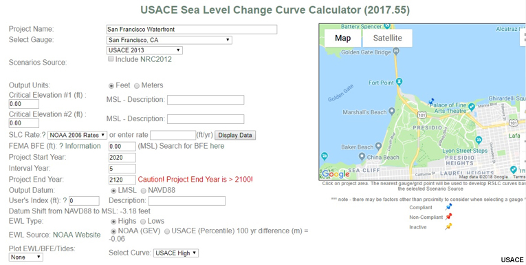 Sea Level Change, screenshot of USACE SLC Curve Calculator, initial values.