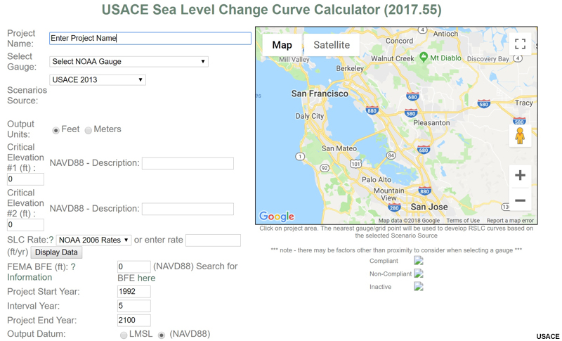 Sea Level Change, screenshot of USACE SLC Curve Calculator.